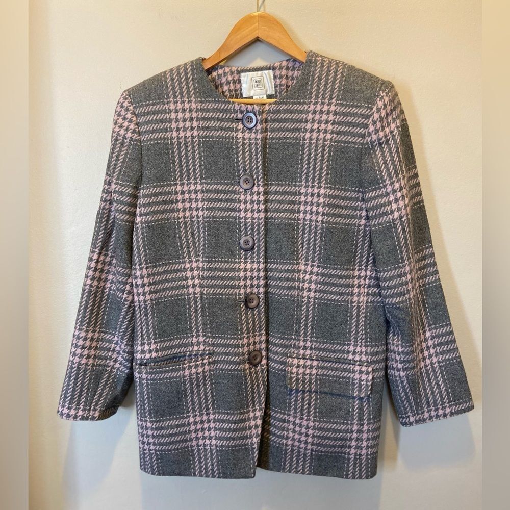 Vintage Amanda Smith collarless button down long coat lined pink/gray plaid 14W